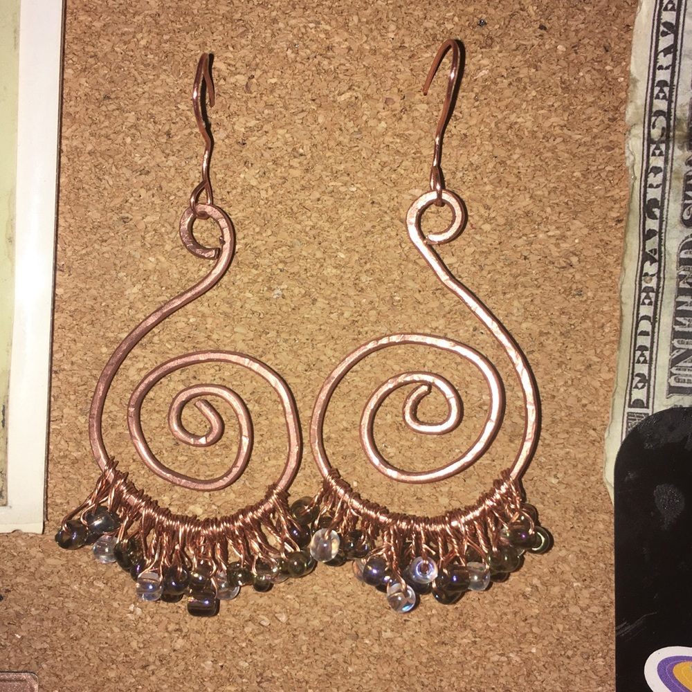 BOGO 50% OFF! Swirled Copper Dangly Beaded Earrings. Handmade - Picture 5 of 10